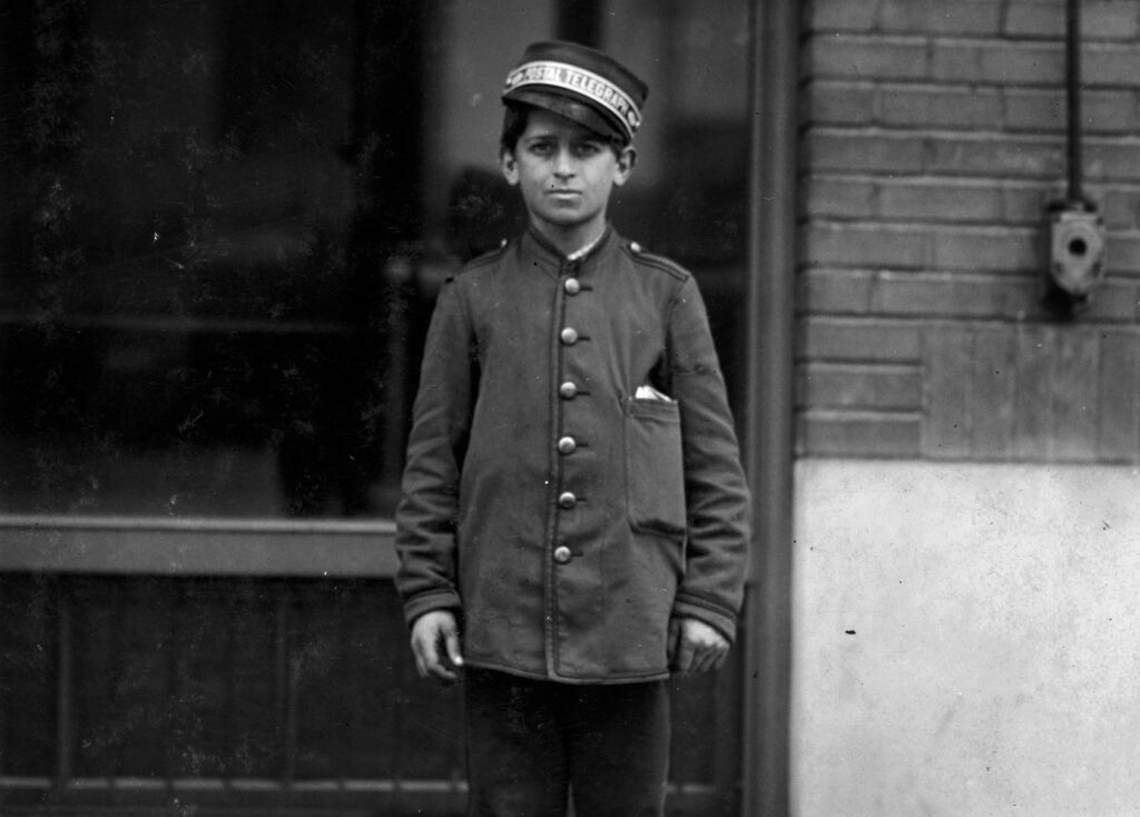 Messenger boys, like this one photographed by Lewis Hine in St. Louis in 1910, called a strike in Pittsburgh in 1881. A newspaper reporter quoted of the striking boys using the word "scab" to describe strikebreakers. (Library of Congress)