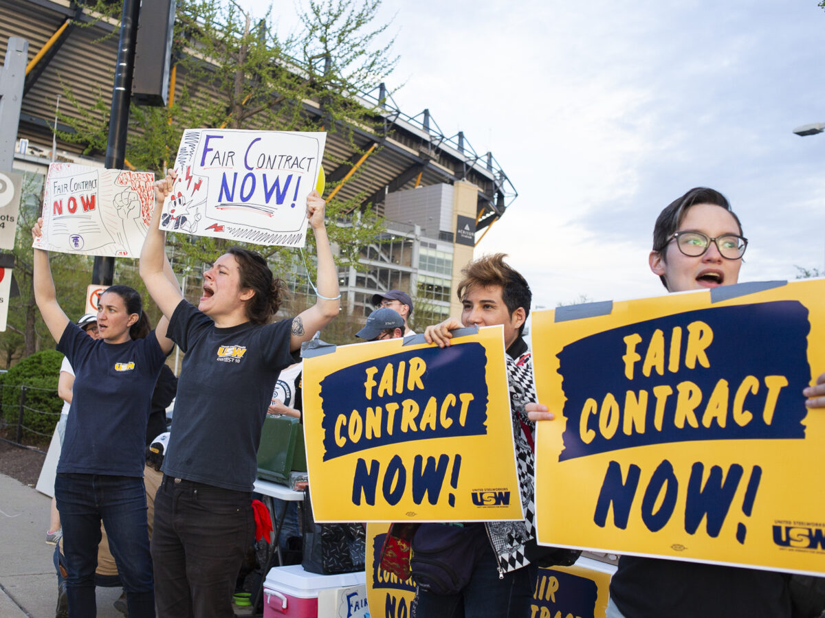 Workers at the Carnegie Museums of Pittsburgh rallied outside of the Carnegie Science Center on Friday, April 14, 2023, demanding a fair contract 18 months after they organized their union.