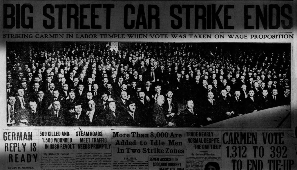 The Pittsburgh Press published a photograph of streetcar workers on the day they voted to end the strike. (newspapers.com)